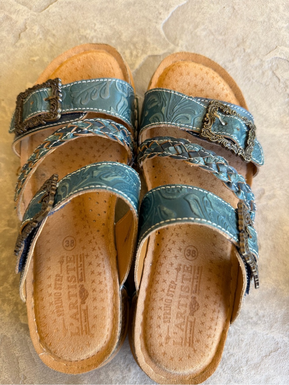 L'ATISTE Teal Embossed Triple-Strap Slide Sandals with Braided Accents